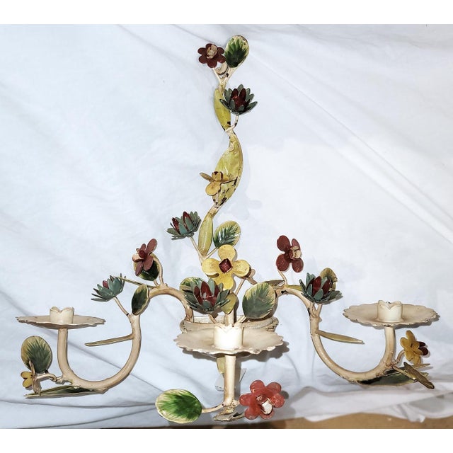 Pair of Italian Tole Painted Floral Wall Sconces Candleabra For Sale - Image 4 of 11