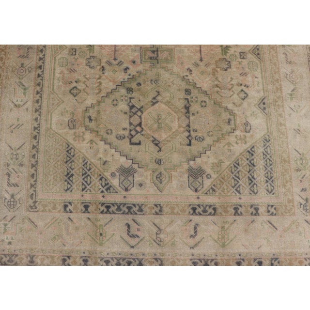 Vintage Turkish Tribal Medallion Oushak in Muted Green, Pink, and Off White For Sale - Image 14 of 16
