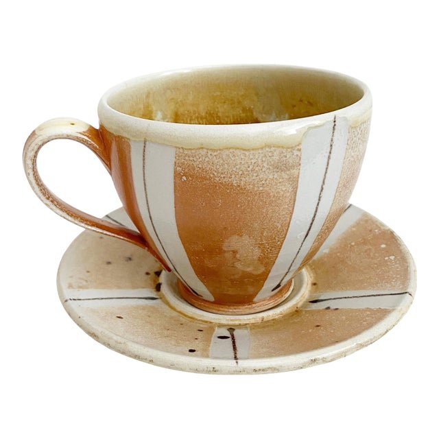 1990s Ceramic Coffee Cup and Saucer Set, Wabi Sabi Studio Pottery Mug, Earthy Striped Tea Cup, Unique Artisan Stoneware Gift for Coffee Lover For Sale
