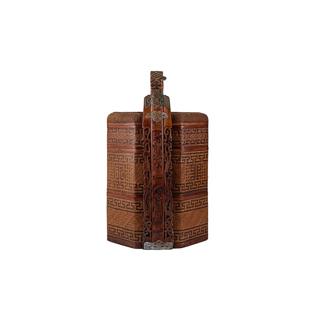 Wood Antique 3 Three Tiered Rattan Bamboo & Wood Chinese Wedding Basket For Sale - Image 7 of 17