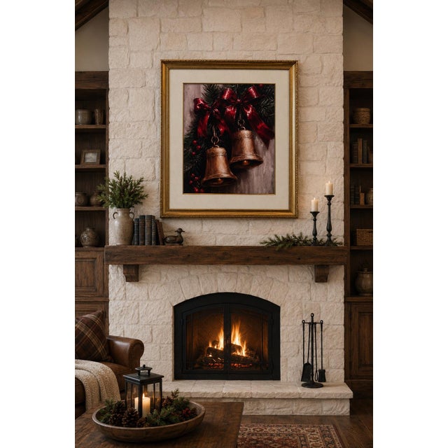 Wood Substantial 40” Tall Framed Christmas Bell Wall Canvas Art With Ornate Gilt Wood Frame & Silk Mat For Sale - Image 7 of 11