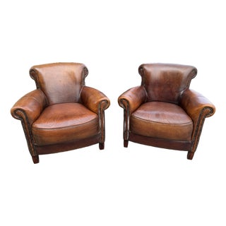 Pair of French Leather Club Chairs For Sale