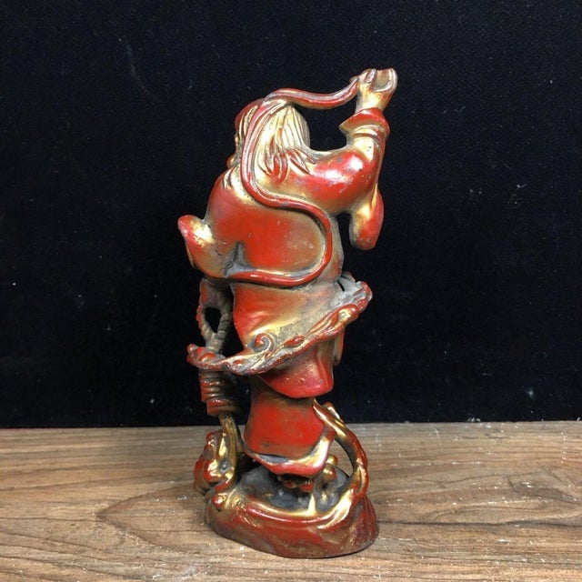 Red Vintage Solid Bronze Liu Hai Playing With Golden Toad Statue, Wealth Attracting Figurine For Sale - Image 8 of 9