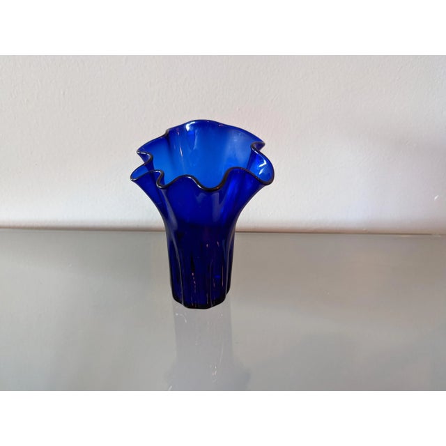1990s Cobalt Blue Handblown Handkerchief Napkin Glass Vase For Sale - Image 5 of 5