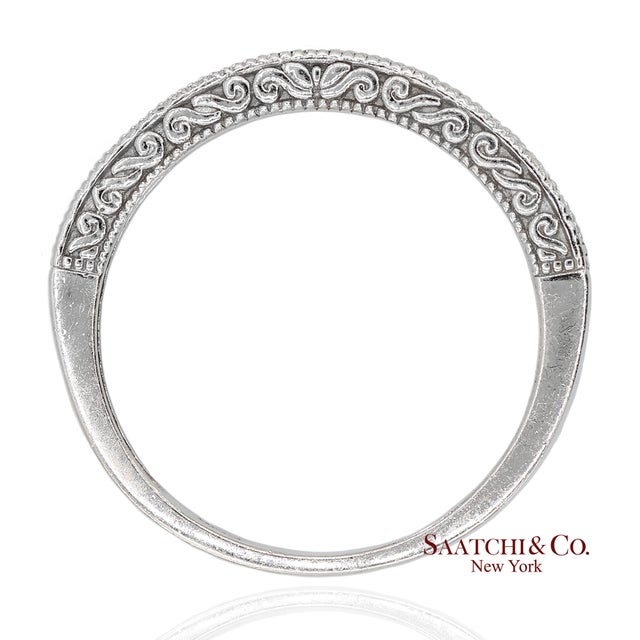 Early 21st Century 14k 585 Solid White Gold Side Engraving Milgrain Natural Diamond Band Ring, Size 6 For Sale - Image 5 of 13