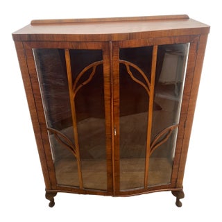 1930s Art Deco China Cabinet Curio Locking Double Door Two Glass Shelves Lighted For Sale