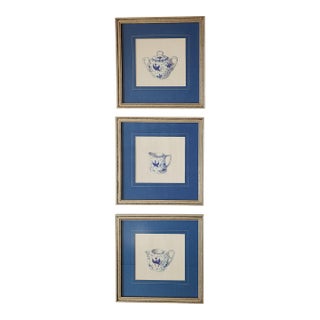 Vintage Chinoiserie Style Framed Blue & White Porcelain Tea Set Drawings -Set of 3 For Sale