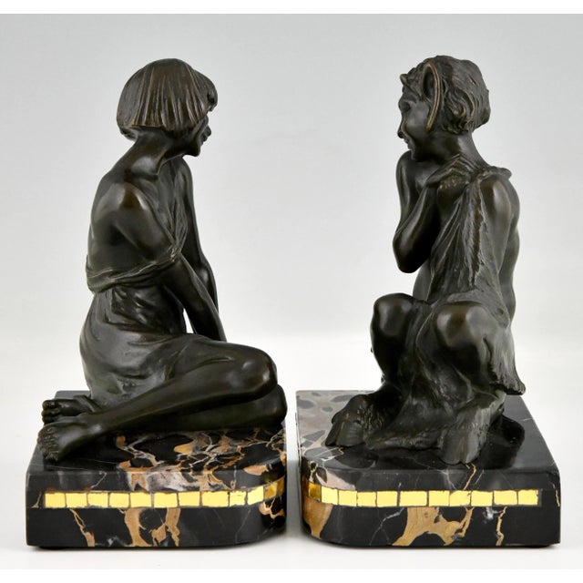 Art Deco Bronze Nymph and Faun Bookends by Pierre Le Faguays, Set of 2 For Sale - Image 6 of 10