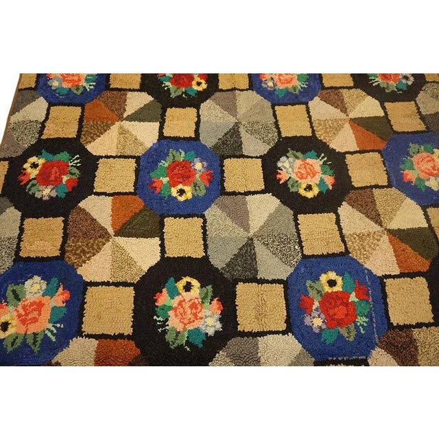 Camel 1920s Multi Grid Folk Art Antique American Hooked Rug 6'0" X 9'0" Woven Wool Carpet For Sale - Image 8 of 11