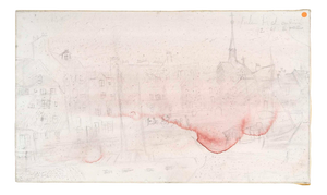 Jochen Michaelis, View of a Village and Its Red Mist, Mixed Media on Canvas