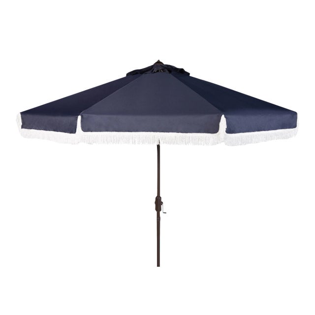 Fringe 9 Ft Crank Outdoor Push Button Tilt Umbrella in Navy & White For Sale