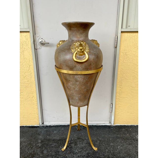 Late 20th Century Vintage Floor Amphora Urn Vase 52” With Lionhead Ring Handles &Tripod Stand For Sale - Image 5 of 8