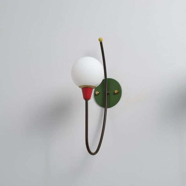Gold Italian Wall Sconce in Brass, Multicolor Metal and Opaline Glass, 1950s For Sale - Image 8 of 8