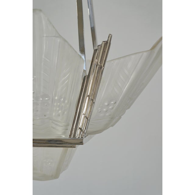 1930s French Art Deco Jean Gauthier Ejg Chandelier - Frosted Molded Glass & Nickeled Bronze For Sale - Image 11 of 11