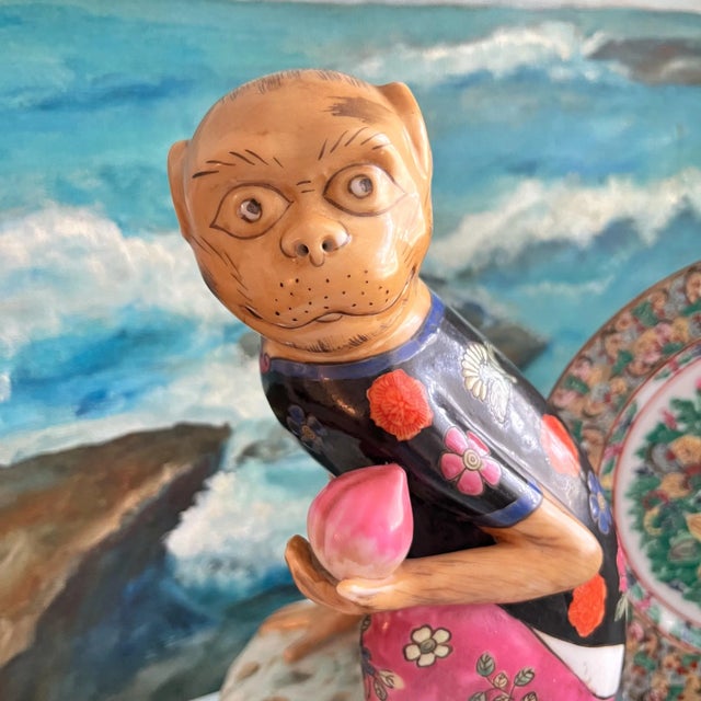 Wood Late 20th Century Hand Painted Porcelain Chinoiserie Monkeys With Fruit on Wood Base - a Pair For Sale - Image 7 of 13