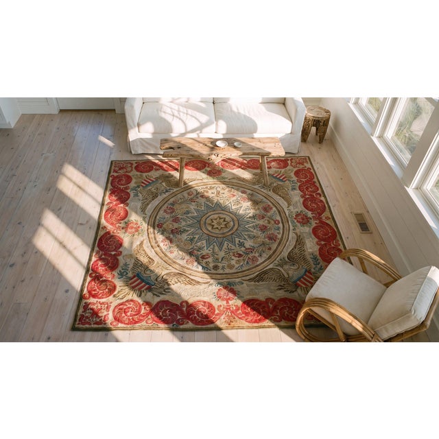 1920s Gray Classic Medallion Antique American Hooked Cotton Rug Square Carpet For Sale - Image 13 of 14