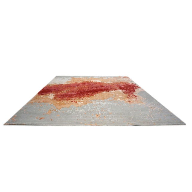 Textile Indo-Nepalese Modern Wool & Silk 9x12 Grey, Orange, & Red Handmade Area Rug #1144036 For Sale - Image 7 of 9