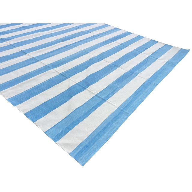 Handmade Cotton Area Rug, Natural Vegetable Dyed, Sky Blue and White Striped Dhurrie - 10'x14' For Sale - Image 6 of 12