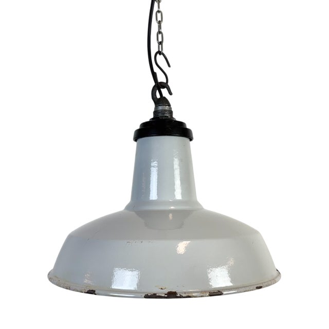 Industrial Grey Enamel Factory Pendant Lamp, 1960s For Sale