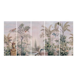 36" * H108" * 5ps, Hand-Painted Morandi Misty Classical Garden Tropical Bird & Foliage Wall Mural, Neoclassical Tropical Landscape Mural For Sale