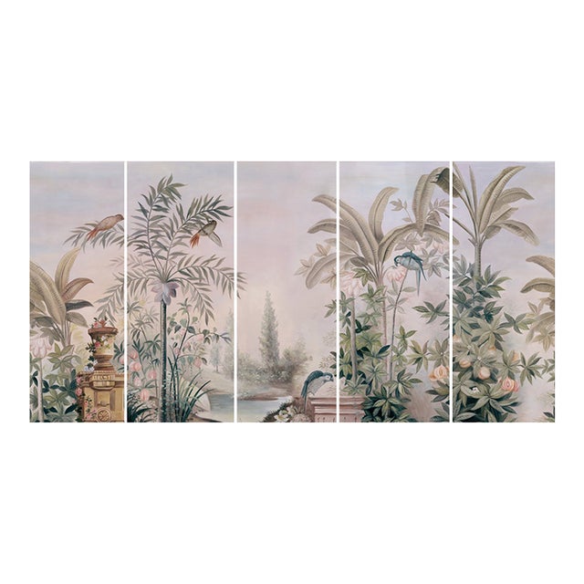 36" * H108" * 5ps, Hand-Painted Morandi Misty Classical Garden Tropical Bird & Foliage Wall Mural, Neoclassical Tropical Landscape Mural For Sale