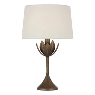 Julie Neill by Visual Comfort Signature Alberto 17" Cordless Accent Lamp in Antique Bronze Leaf with Linen Shade For Sale