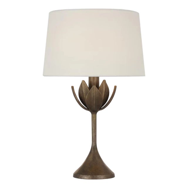 Julie Neill by Visual Comfort Signature Alberto 17" Cordless Accent Lamp in Antique Bronze Leaf with Linen Shade For Sale