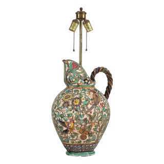 Mid 20th Century Majolica-Style Mid-Century Modern Ceramic Table Lamp with Birds and Floral Motifs For Sale
