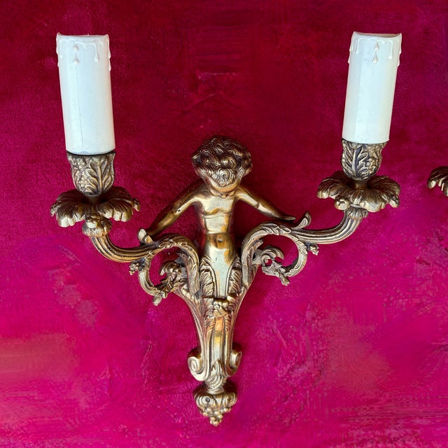 French Louis XV Style Gilt Bronze Cherub Wall Sconces, 1930, Set of 2 For Sale - Image 6 of 18