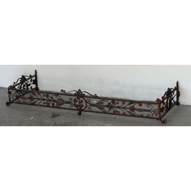 Late 19th Century Antique Italian Hand-Forged Wrought Iron Fireplace Fender, 58” Wide, Floral Scroll & Fleur-De-Lis Architectural Hearth Guard For Sale - Image 5 of 12