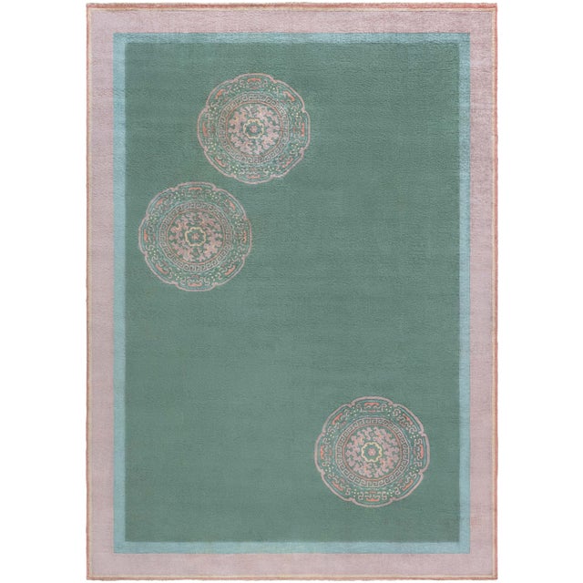 Doris Leslie Blau Vintage Chinese Art Deco Geometric Teal Hand-Knotted Carpet For Sale