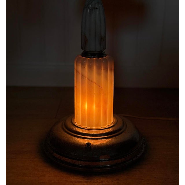 1940s Vintage Art Deco Slag Glass & Chrome Illuminated Cigar Ashtray Stand For Sale - Image 5 of 10