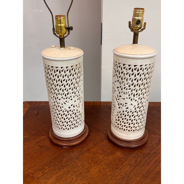 Chinoiserie Chinoiserie Style Pierced Ceramic Table Lamps, Pair For Sale - Image 3 of 12