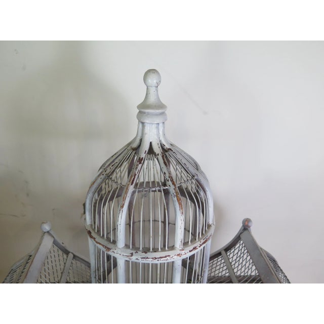 Moroccan Large Harrods Department Store English Antique Wooden and Wire Off White Patina Sculptural Bird Cage For Sale - Image 3 of 5
