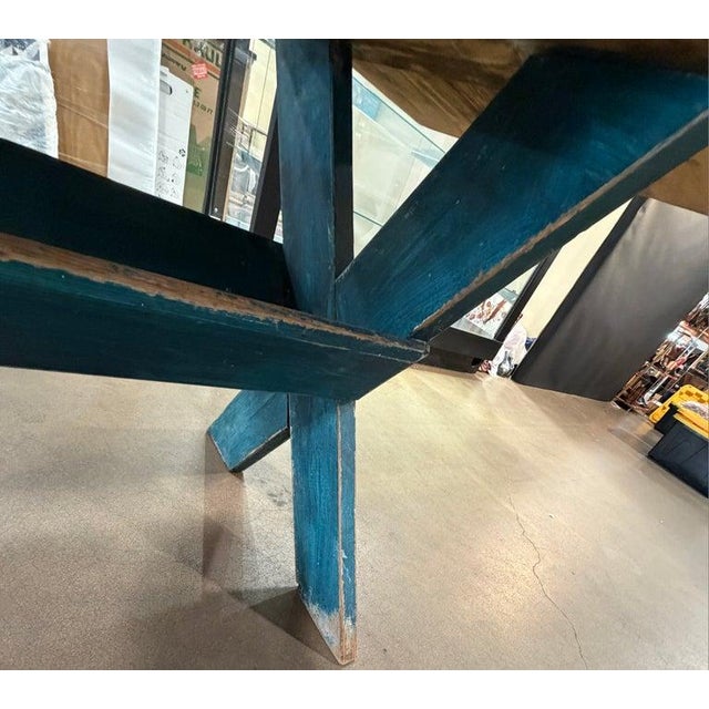 19thc Scrub Top Blue Painted Trestle Table For Sale - Image 9 of 9