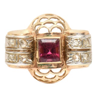 Vintage 1940's Retro 14 Karat Rose Gold, Diamond and Rubelite Ring Size 5.5 For Sale