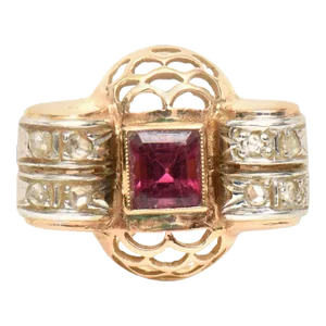 Vintage Retro 14 Karat Rose Gold, Diamond and Rubelite Ring 1940's Size 5.5