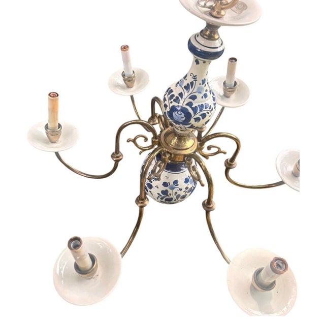 Mid 20th Century Mid 20th Century Delft Blue & White Porcelain Floral Hanging Chandelier Light Fixture 6 Arm For Sale - Image 5 of 10