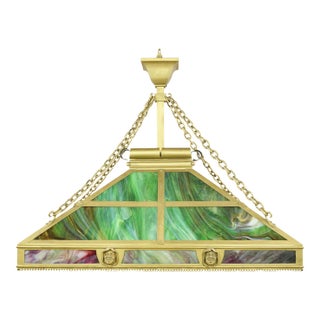 Mid 20th Century Arts & Crafts Figural Stained Glass Rectangular Brass Pendant Light For Sale