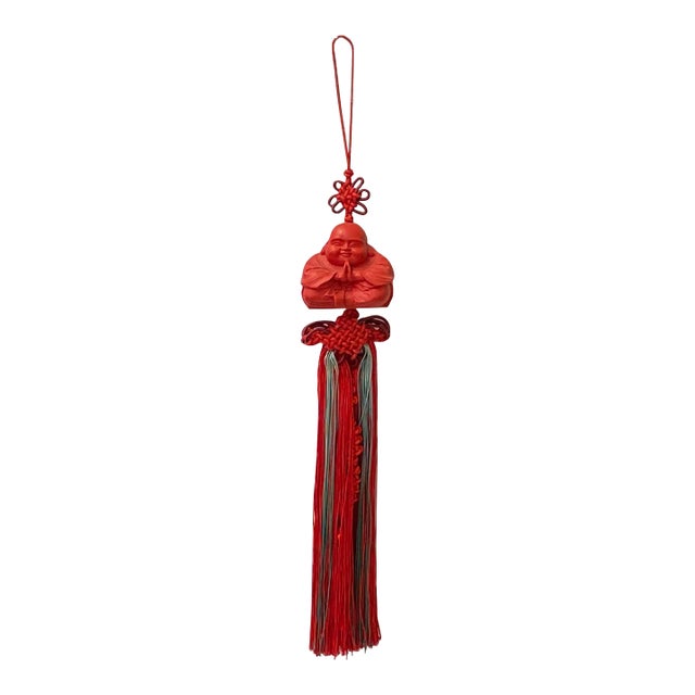 Chinese Red Lacquer Resin Happy Buddha Figure With Knot Tassel Art For Sale