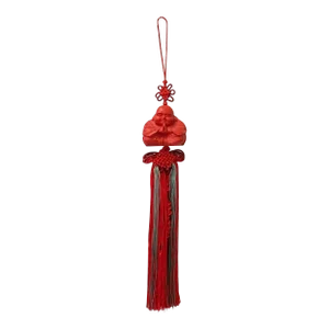 Chinese Red Lacquer Resin Happy Buddha Figure With Knot Tassel Art