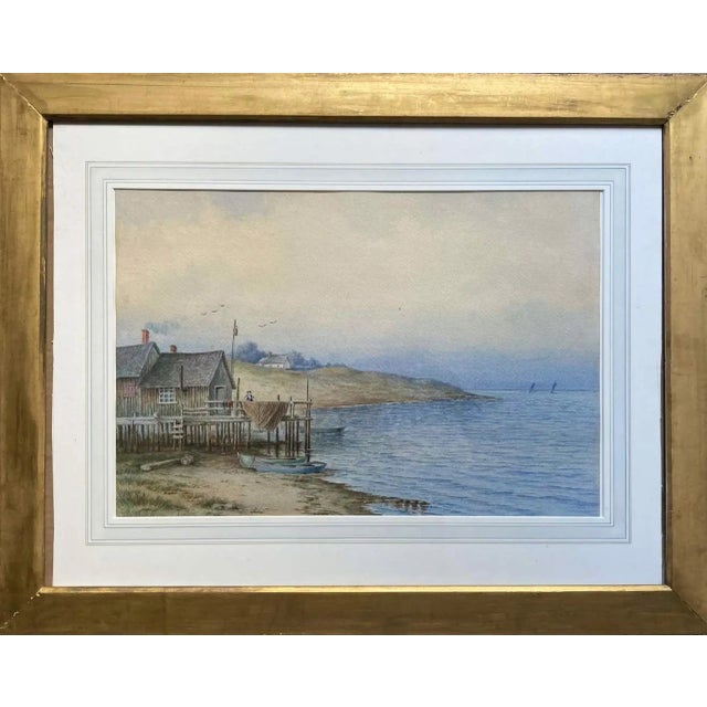 "Cottage by the Sea" - 20th-Century Antique Watercolor Seascape Painting, Framed For Sale