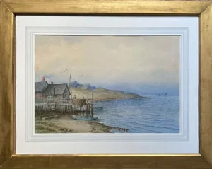 "Cottage by the Sea" - 20th-Century Antique Watercolor Seascape Painting, Framed