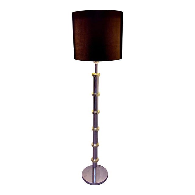 Vintage Modern Chrome & Brass-Toned Floor Lamp With Black Drum Shade For Sale