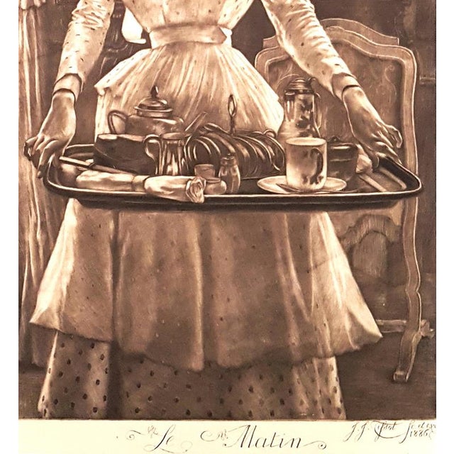 Wonderful mezzotint and etching on china paper applied. The inscription reads: "le matin/ j. J. Tissot sc. Et ex. 1886"....