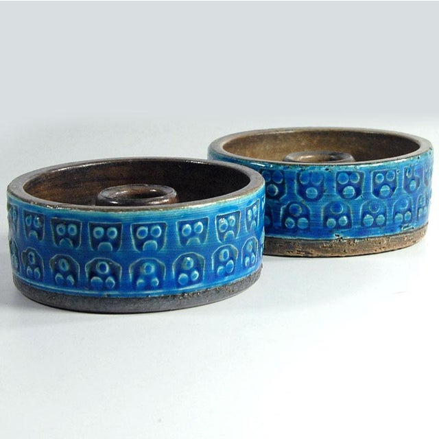 Mid-Century Modern Italian Rimini Blue Ceramic Candleholders by Aldo Londi for Bitossi, 1970s, Set of 2 For Sale - Image 3 of 11