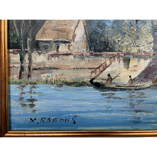 Impressionist Late 20th Century X Rabous House Boat River and Fishermans Oil on Canvas For Sale - Image 3 of 5
