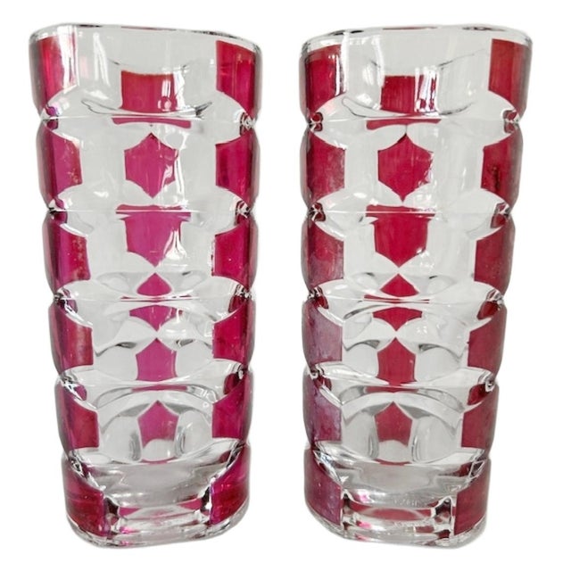 Vintage mid-century set of two sleek Luminarc vases made of ruby ​​red and clear crystal for J.G. Durand in the 1970s....