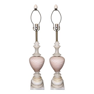 Mid-20th Century Pair of Italian Pink Murano Glass & Alabaster Lamps For Sale