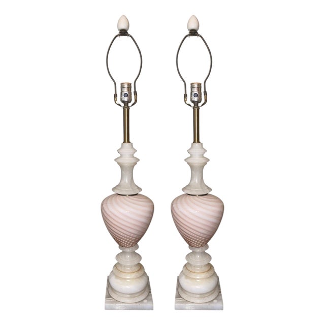 Mid-20th Century Pair of Italian Pink Murano Glass & Alabaster Lamps For Sale